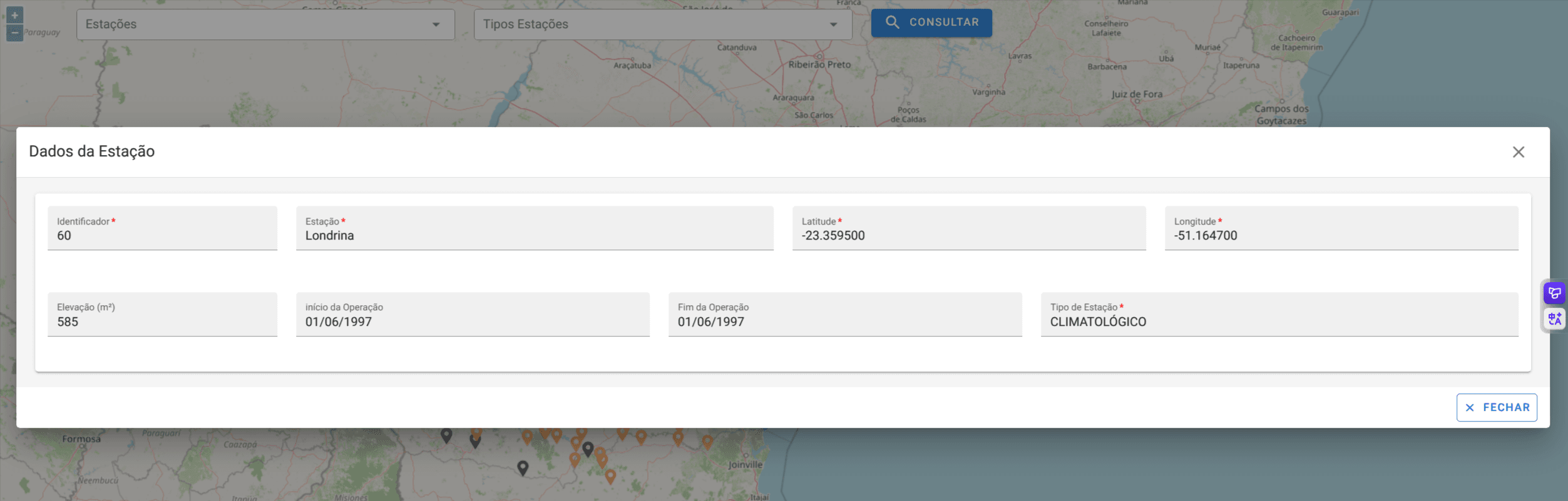 Mapa de Estações Meteorológicas